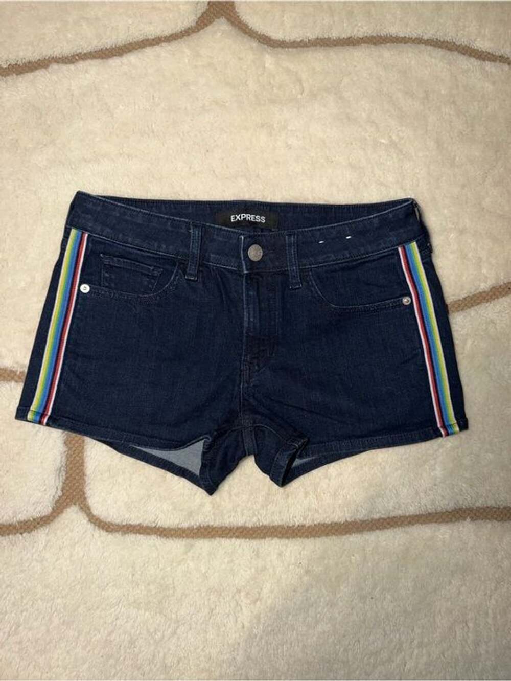Express Women’s Size 2 Dark Wash Denim Shorts Rainbow Side Stripe